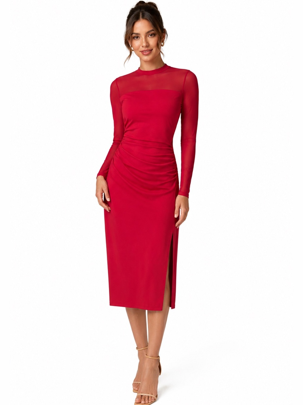 Halara Mesh Long Sleeve Ruched Midi Dress Side Slit Red Small NWT Womens